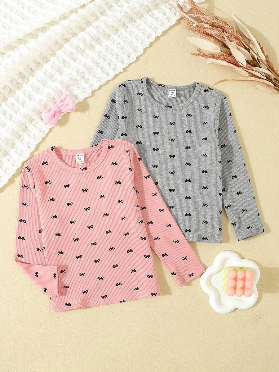 2pcs Girls Casual Pink & Gray Butterfly Print Long Sleeve Underwear Set