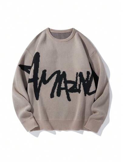 Manfinity EMRG 男士休闲宽松字母印花落肩毛衣，秋冬款，长袖上衣