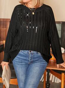 Plus Size Women's Solid Color Crew Neck Raglan Sleeve Casual Pullover Sweater, Autumn/Winter Knit Pullover Fall - Black - View 5