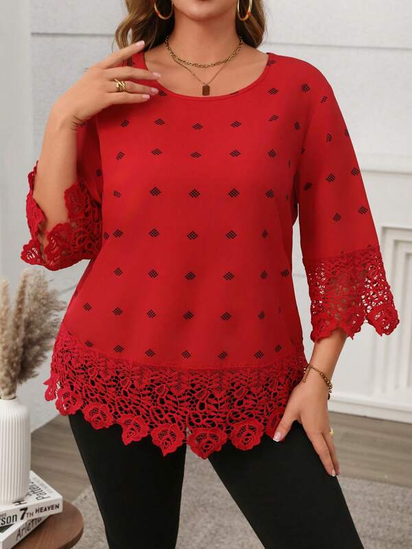 SHEIN LUNE Camasa Casual Din Dantela De Marime Plus Imprimeu Geometric, Haine De Toamna Pentru Anul Nou