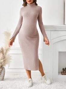 SHEIN 孕妇针织中长袖连衣裙，适合秋冬季 - 粉色 - 查看 3