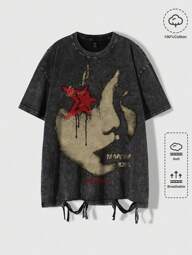 Grunge Punk T-shirt col rond pour hommes avec imprimé portrait et détails délavés, convient pour le port quotidien au printemps et en été, pour l'école, style années 2000