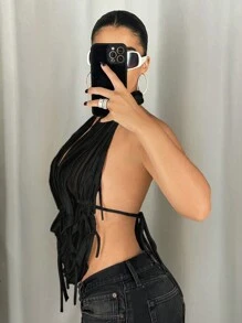 SHEIN ICON 女式修身仿旧面料吊带背心金属链装饰露背上衣