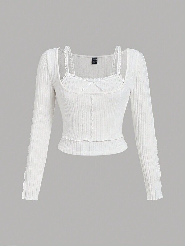 SHEIN MOD Plus Size White Lace Trim Knit Ruffle Hem Cute Camisole Top