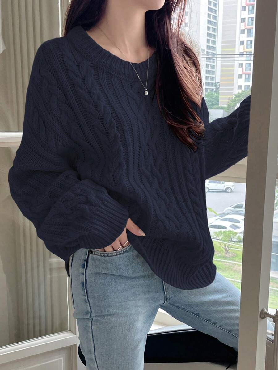 DAZY 宽松针织圆领套头衫，休闲通勤风格，秋季服装 - 藏蓝色 - 查看 1