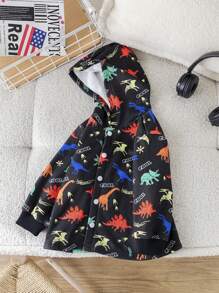 SHEIN 幼儿儿童卡通恐龙印花连帽羊毛夹克，温暖柔软百搭休闲外套，适合冬季户外玩耍