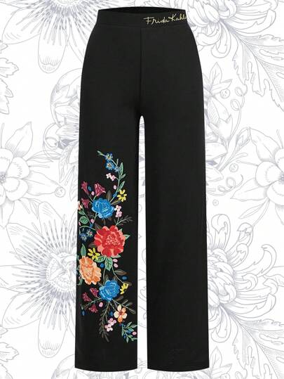 Frida Kahlo X SHEIN Höst och vinter svart blommönster Artist byxor med raka ben