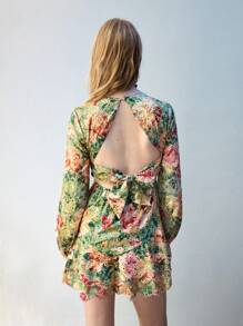 Maija V-Neck Floral Print Elegant Long Sleeve Spring/Summer Casual Mini Dress, Suitable For Vacation & Beach