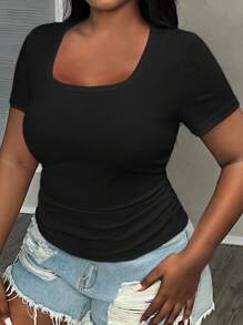 Slaydiva Plus Size Simple Casual Scoop Neck Short Sleeve Gathered Waist White Summer T-Shirt - Black - View 4