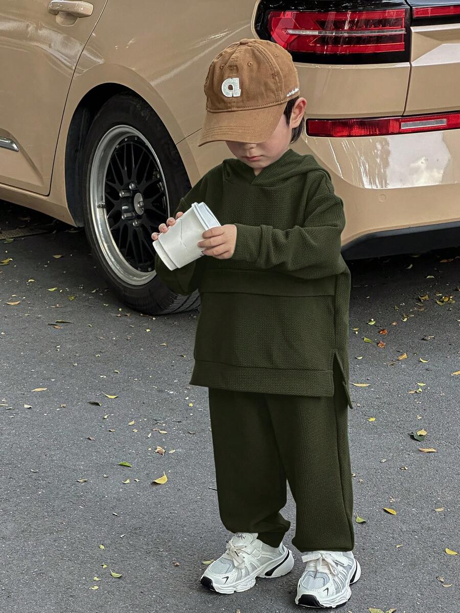 SHEIN Leap Crew 2pcs/Set Young Boys' Casual Hoodie Sweatshirt And Pants Set, Korean Style Loose Fit Comfortable Outfits Suitable For Daily, School, Travel, Sports, Autumn & Winter - Army Green - View 1