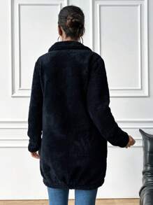 EURMUSE Chaqueta con capucha de manga larga de forro polar de unicolor para mujer, otoño/invierno - Azul Marino - Ver 2