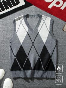 Manfinity Hypemode Chaleco de punto informal con cuello en V y estampado de argyle bicolor para hombre en otoño/invierno