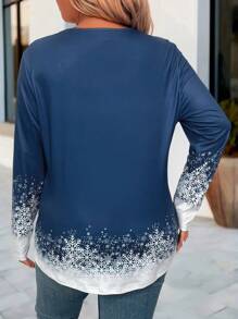 EMERY ROSE Camiseta de Manga Longa com Estampa de Árvore de Natal e Floco de Neve, Colarinho Embutido, Fechamento com Botão à Frente, Moda Confortável, Plus Size para Jovens Adultos de 18 a 35 Anos - Azul - Visão 2