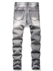 Manfinity LEGND Men's Front Button Pocket Frayed Hem Print Casual Denim Jeans, Frayed Jeans Plain Slim Fit Long Light Grey Acid Wash Cargo Jeans, For Husband, Boyfriend Gifts