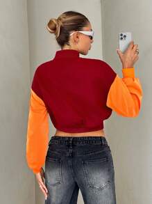 SHEIN ICON Chaqueta de béisbol corta para mujer con mangas holgadas de PU, parches, tela de felpa, bordado y aplicaciones decorativas - Rojo - Ver 2