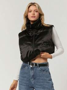 SHEIN EZwear Chaleco negro sin mangas corto para mujer, invierno - Negro - Ver 6