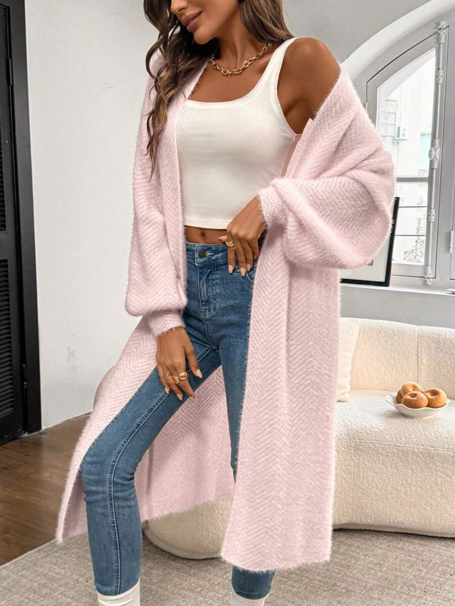 Shein lune valentine s day casual pink lantern sleeve furry cardigan