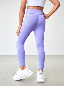 SHEIN 年轻女孩星空印花瑜伽紧身裤，带口袋，高弹力百搭经典健身裤，适合户外运动、慢跑、骑自行车、徒步旅行、室内训练 - 紫色 - 查看 2