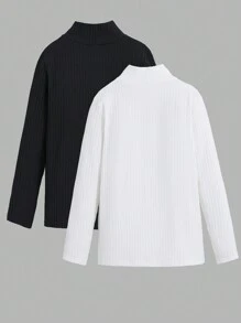 SHEIN 2pcs Tween Boy Casual Basic Ribbed Crew Neck T-Shirts, Autumn/Winter