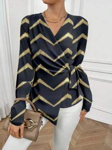 SHEIN Privé Camisa de Manga Longa Preta com Detalhe de Folha de Ouro e Amarração Frontal para Mulheres - Preto - Visão 2