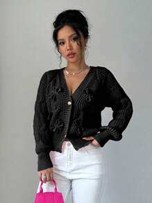Elenzga Áo len cardigan trơn màu giản dị có nơ trang trí cho nữ, mùa thu/đông - màu đen - Xem 5