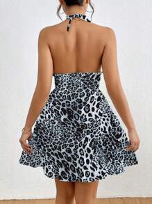 Calvaya Vestido casual con estampado de leopardo y detalle de amarre en la parte trasera para mujer