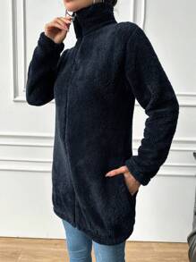 EURMUSE Chaqueta con capucha de manga larga de forro polar de unicolor para mujer, otoño/invierno - Azul Marino - Ver 3