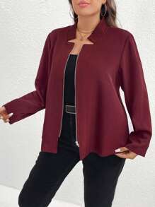 Calvaya Plus Size Simple Notched Neck Solid Color Casual Fall Jacket - Red - View 3