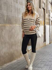 SHEIN 孕妇条纹纽扣半襟连帽长袖毛衣，秋冬季，适合孕妇 - 卡其色 - 查看 5