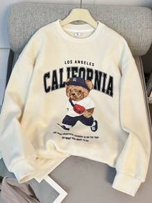 SHEIN 少女杏色泰迪熊字母印花宽松圆领卫衣