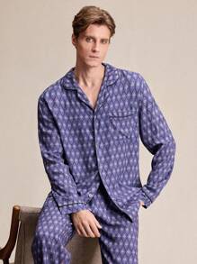 EverLounge 2 件男士几何花卉印花翻领长袖纽扣上衣和裤子家居服，春秋季 - 紫色 - 查看 1