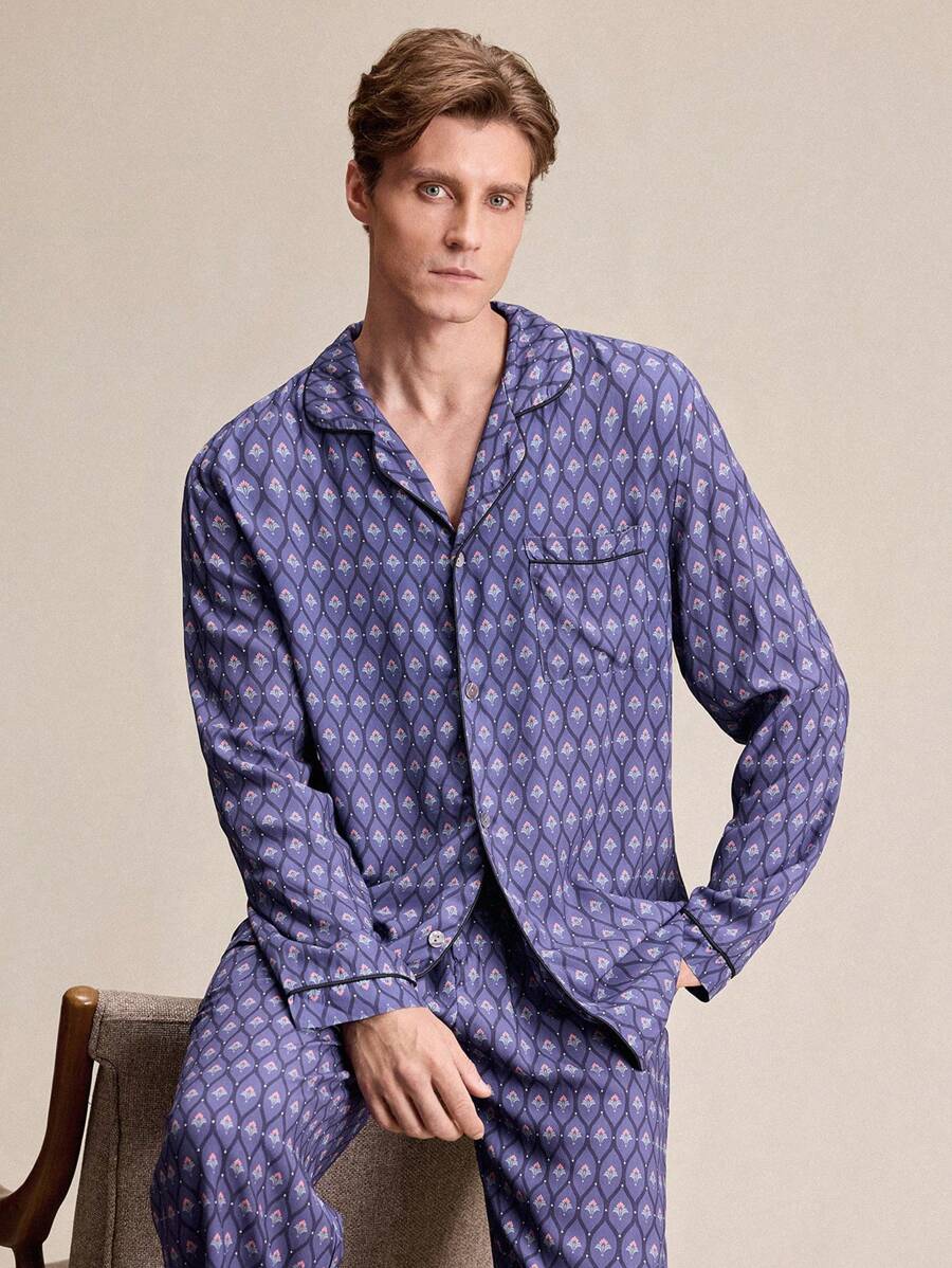 EverLounge 2 件男士几何花卉印花翻领长袖纽扣上衣和裤子家居服，春秋季 - 紫色 - 查看 1