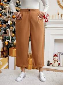 SHEIN LUNE Plus Size Solid Color Casual Button Pocket Pants