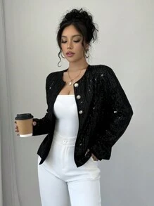 Chiquease Women's Round Neck Sparkling Long Sleeve Short Jacket For Party, Autumn & Winter