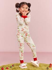 Strawberry Shortcake X SHEIN Conjunto de pijamas para meninas, 2 peças, estampa de desenho animado, camiseta casual e leggings, ajuste confortável, para o Natal