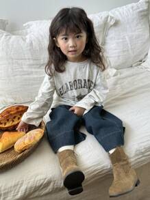 年轻女孩松紧腰口袋阔腿宽松休闲牛仔裤 - 藍色 - 查看 3