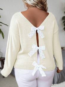 Celure Plus Size Women's Autumn/Winter Drop Shoulder Loose Knit Pullover Sweater With Bow Decor Knit Pullover Fall Outfit