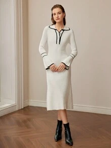 MOTF PREMIUM CONTRAST PIPING BELL SLEEVE HALF BUTTON PLACKET SWEATER DRESS WITHOUT BELT - Beige - View 3