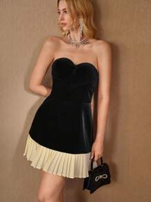 MOTF STUDIO VELVET CONTRAST PLEATED HEM BUSTIER TUBE SHORT DRESS, NEW YEAR OUTFIT - Multicolor - View 4