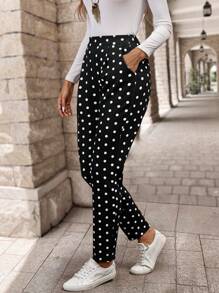 EMERY ROSE 波点印花口袋装饰休闲直筒裤 - 黑色 - 查看 5