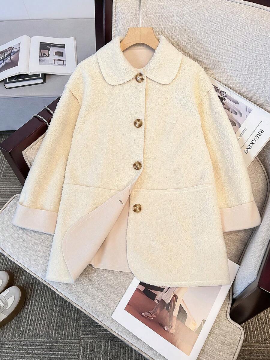 SHEIN 青少年女孩寬鬆簡約舒適翻領毛絨中長版外套 - 杏色 - 查看 1