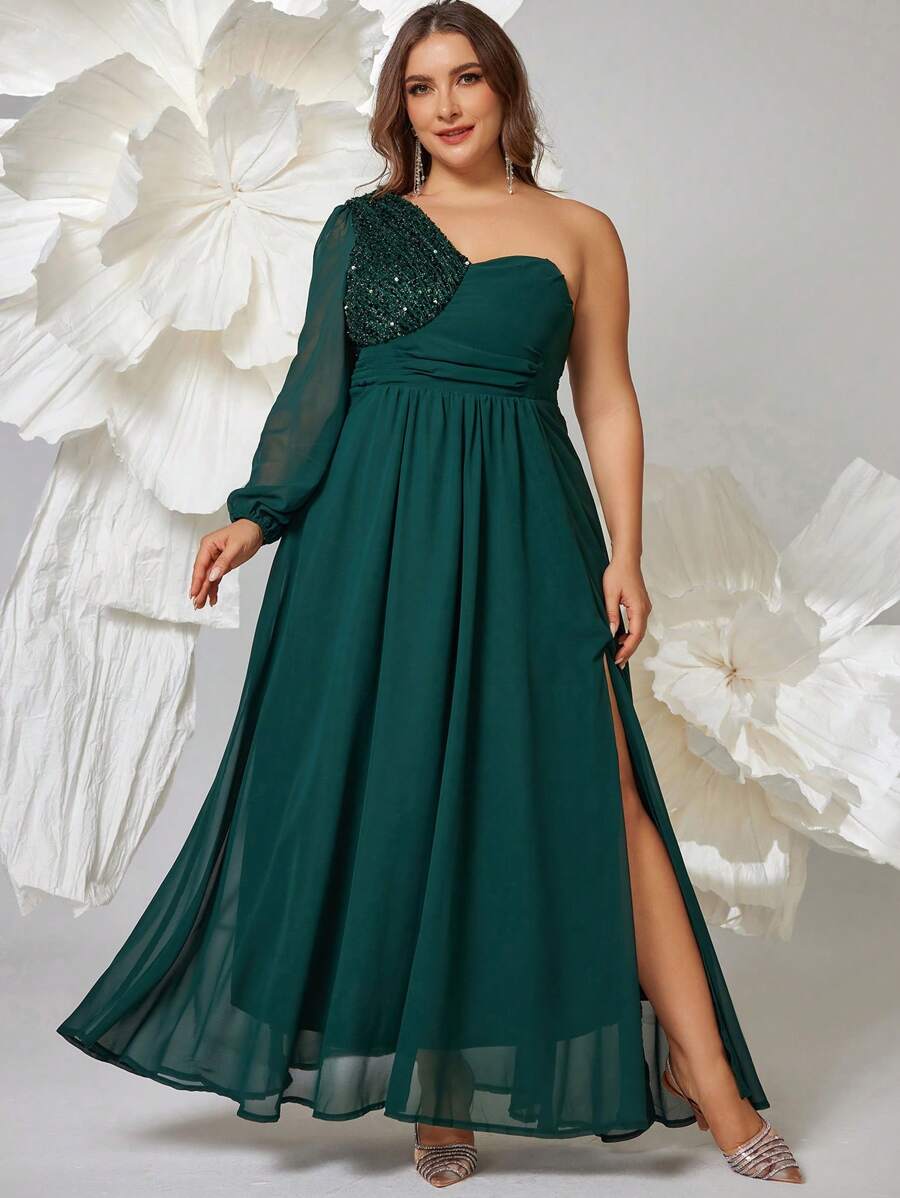 SHEIN Belle Plus Size Christmas Ball Gown (Heavy-Duty), Elegant Long Sleeve Semi Formal Prom Dress, For Birthday, Wedding Guest, Graduation Homecoming - Dark Green - View 1