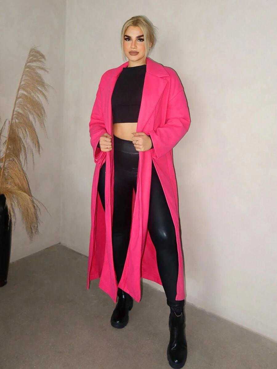 Zolique Damen einfarbiger Mantel mit Kragen, Langarm, Split-Saum, lässiger Langmantel, Herbst & Winter - Heißes Pink - Übersicht 1
