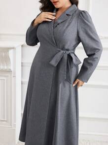 Modelyn Plus Size Women's Solid Color Lapel Neck Puff Sleeve Side Knot Maxi Elegant Cardigan, Spring/Autumn - Grey - View 6