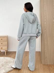 SHEIN EZwear 女士纯色落肩长袖前拉链连帽运动衫和运动裤休闲套装，春/秋 - 灰色 - 查看 2