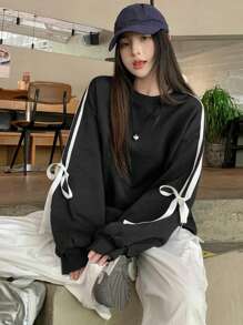 DAZY Women's Casual Round Neck Drop Shoulder Long Sleeve Loose Hoodie With Bowknot , Fall/Winter,Long Sleeve Tops Sweatshirt