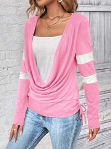 SHEIN LUNE Women Casual Color Block Drawstring Side T-Shirt, Autumn Graphic Tees Women Tops