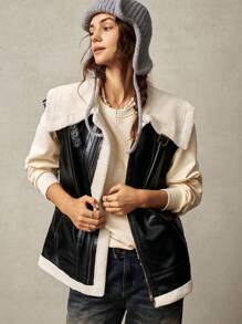 Bohemela 1 件女式无袖蓬松衬里长夹克，温暖冬季外套 - 黑色 - 查看 2