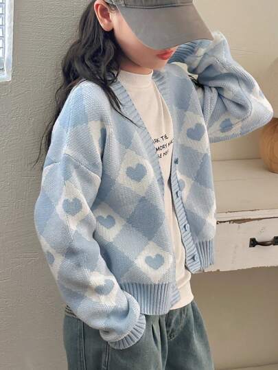 Dazy Kids Tween Girl Heart Pattern Dropped Shoulder Long Sleeve Single-Breasted Casual Cardigan, Autumn & Winter,Back To School Clothes