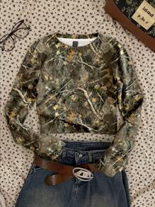 Attitoon 女士休闲简约全印花树枝图案圆领修身短款 T 恤，适合秋冬季 - 白色 - 查看 1